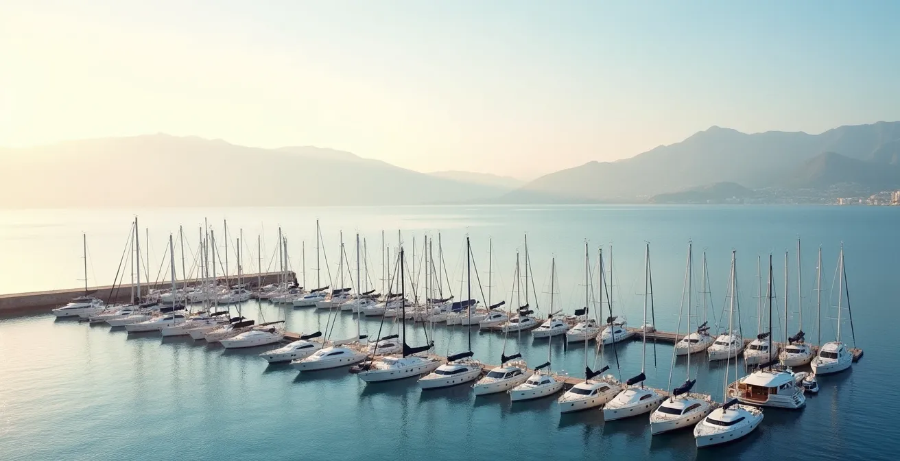 Vue du port de plaisance de Roses avec voiliers et architecture méditerranéenne