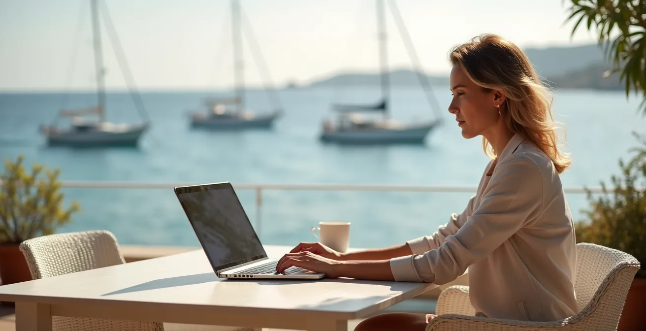 Professionnels travaillant sur une terrasse ensoleillée avec vue sur la mer à Roses