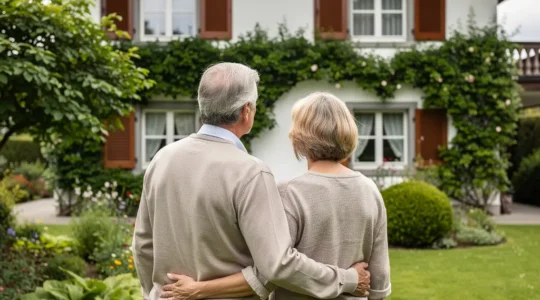 Propriétaires suisses observant leur maison depuis le jardin avant estimation immobilière