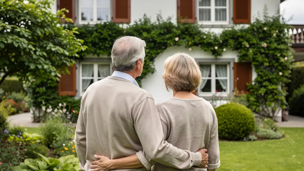 Propriétaires suisses observant leur maison depuis le jardin avant estimation immobilière
