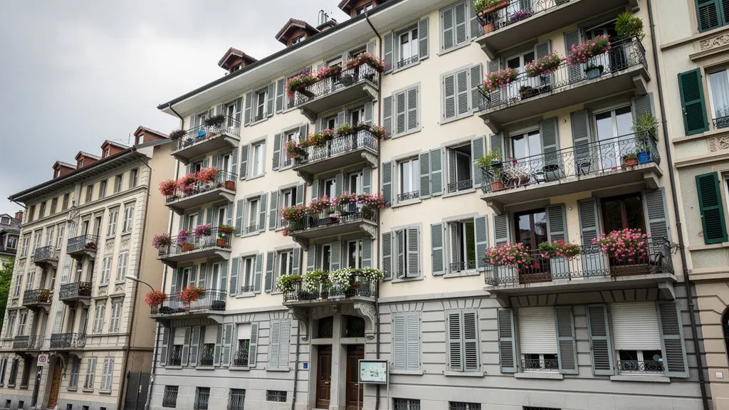Façade typique d'un immeuble résidentiel suisse avec balcons fleuris