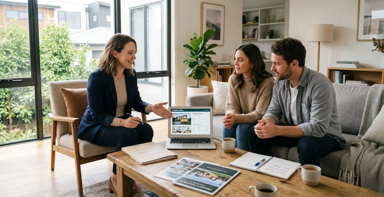 Conseiller immobilier en discussion avec un couple dans un salon lumineux, échangeant autour de documents et d'un ordinateur portable