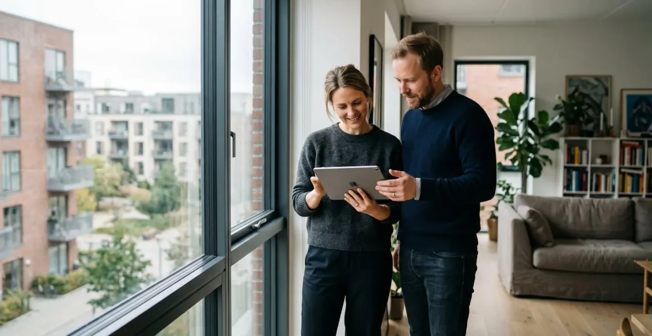 Couple discutant et consultant des données de ventes immobilières devant une fenêtre lumineuse donnant sur leur quartier résidentiel