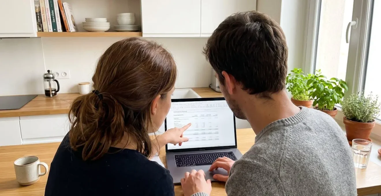 Un couple vu de dos consulte ensemble un écran d'ordinateur portable posé sur une table de cuisine moderne, épaule contre épaule dans une attitude de concentration partagée
