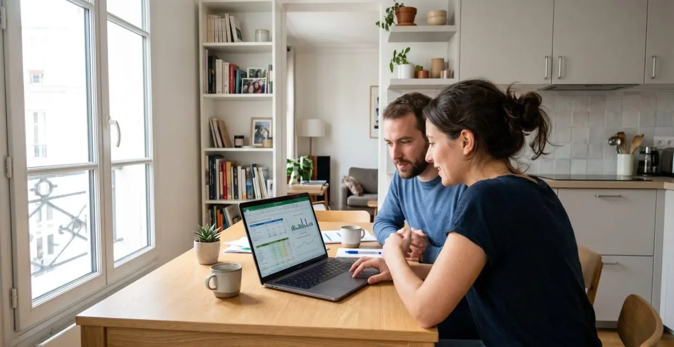 Un couple vu de dos consulte ensemble un écran d'ordinateur portable posé sur une table de cuisine moderne, épaule contre épaule dans une attitude de concentration partagée