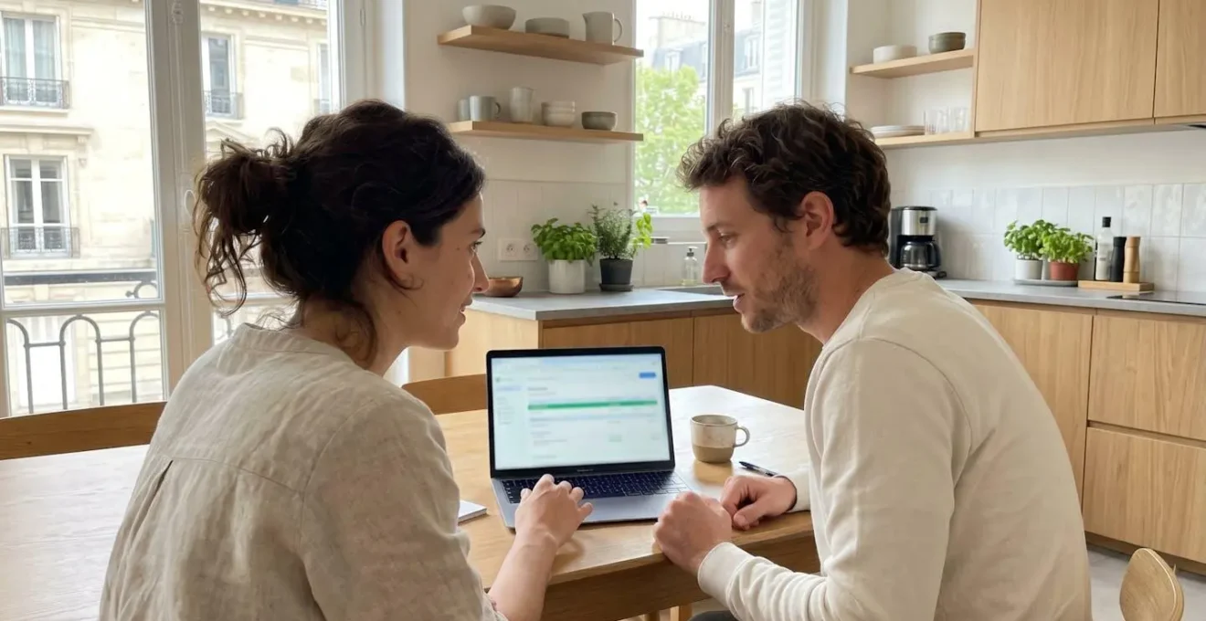 Un couple vu de dos consulte ensemble un écran d'ordinateur portable posé sur une table de cuisine moderne, épaule contre épaule dans une attitude de concentration partagée