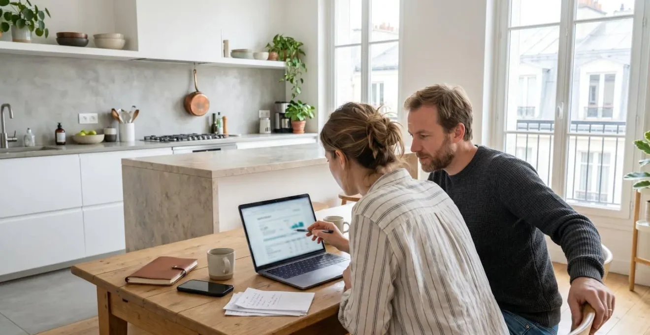 Un couple vu de dos consulte ensemble un écran d'ordinateur portable posé sur une table de cuisine moderne, épaule contre épaule dans une attitude de concentration partagée