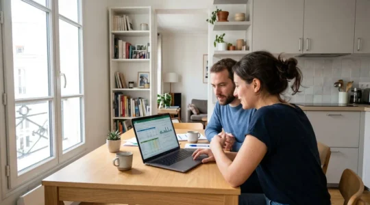 Un couple vu de dos consulte ensemble un écran d'ordinateur portable posé sur une table de cuisine moderne, épaule contre épaule dans une attitude de concentration partagée