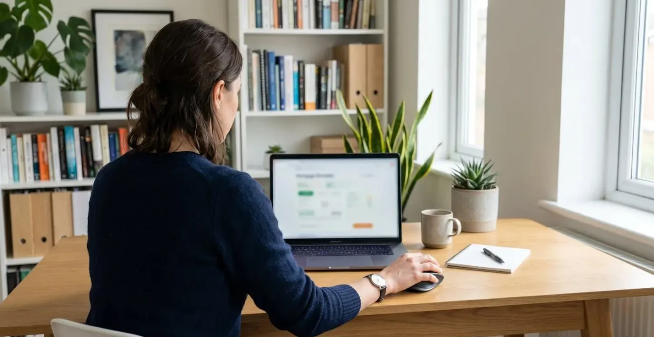 Vue de dos d'une jeune femme assise à un bureau lumineux face à un écran d'ordinateur dont le contenu apparaît flouté, dans une posture de concentration naturelle avec la main droite sur la souris