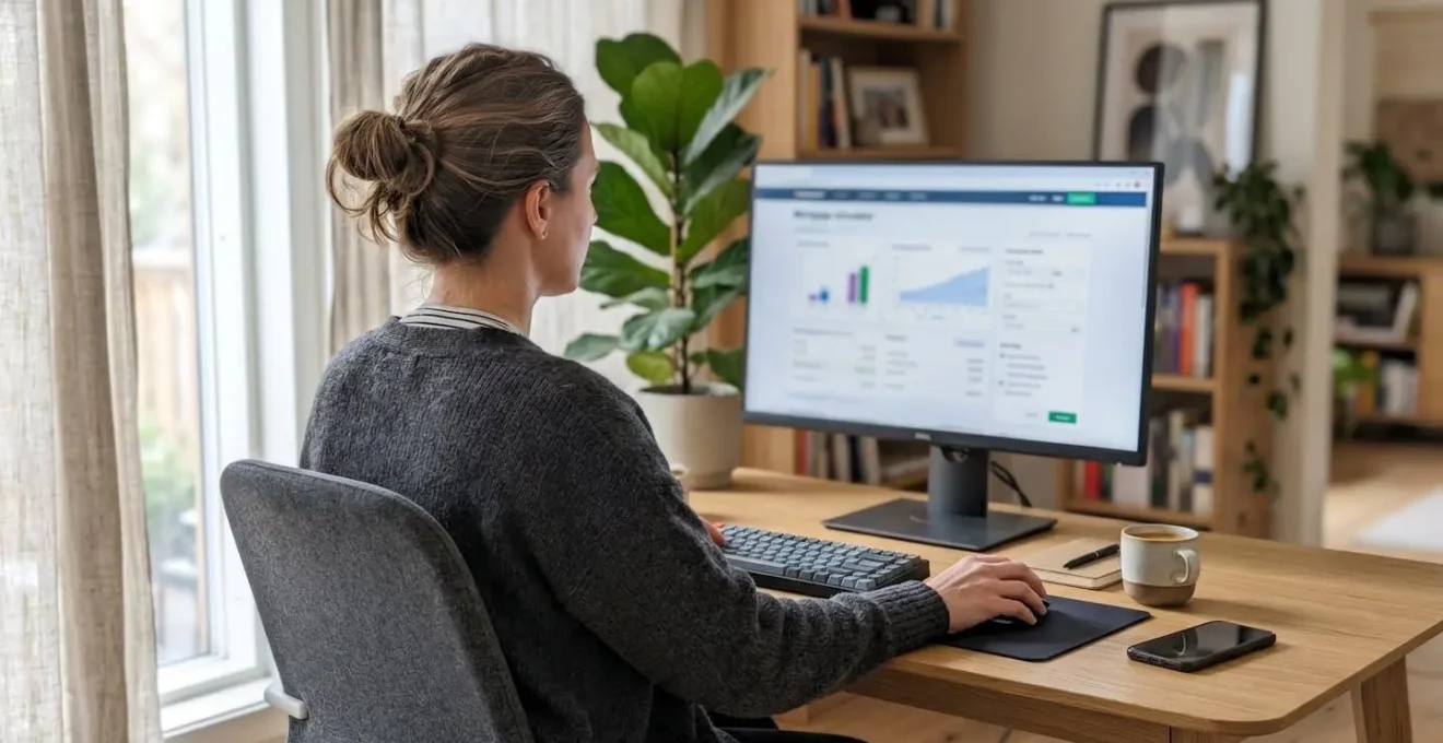 Vue de dos d'une jeune femme assise à un bureau lumineux face à un écran d'ordinateur dont le contenu apparaît flouté, dans une posture de concentration naturelle avec la main droite sur la souris