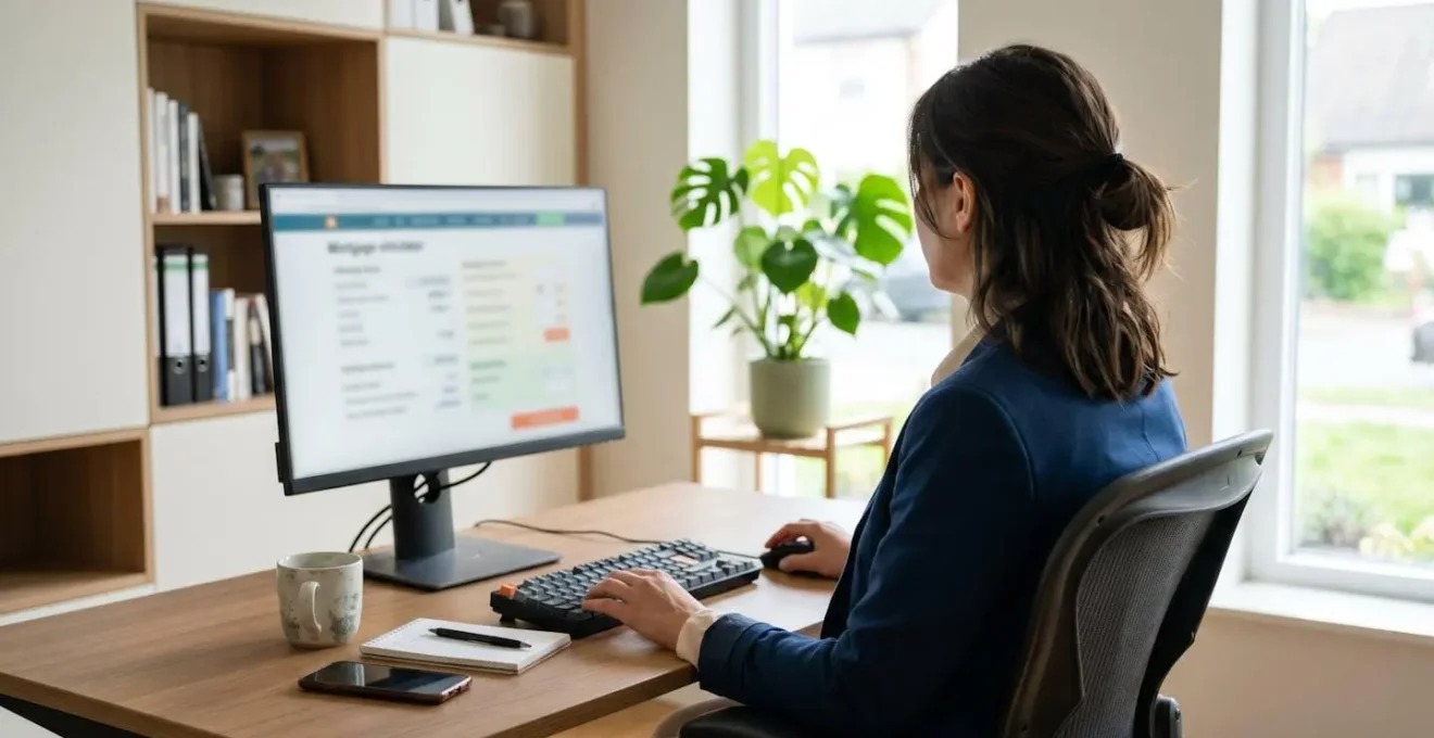 Vue de dos d'une jeune femme assise à un bureau lumineux face à un écran d'ordinateur dont le contenu apparaît flouté, dans une posture de concentration naturelle avec la main droite sur la souris
