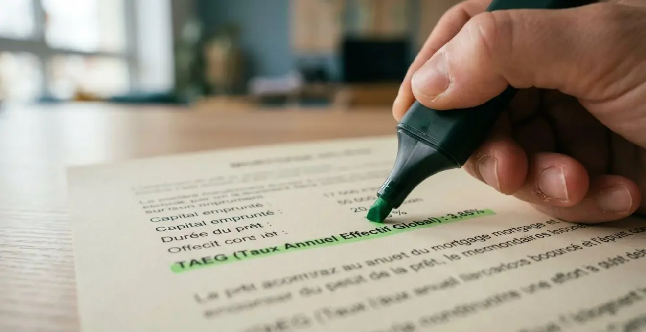 Gros plan sur une main tenant un stylo qui surligne la mention TAEG et des pourcentages sur un document imprimé, avec une faible profondeur de champ laissant entrevoir d'autres papiers flous en arrière-plan
