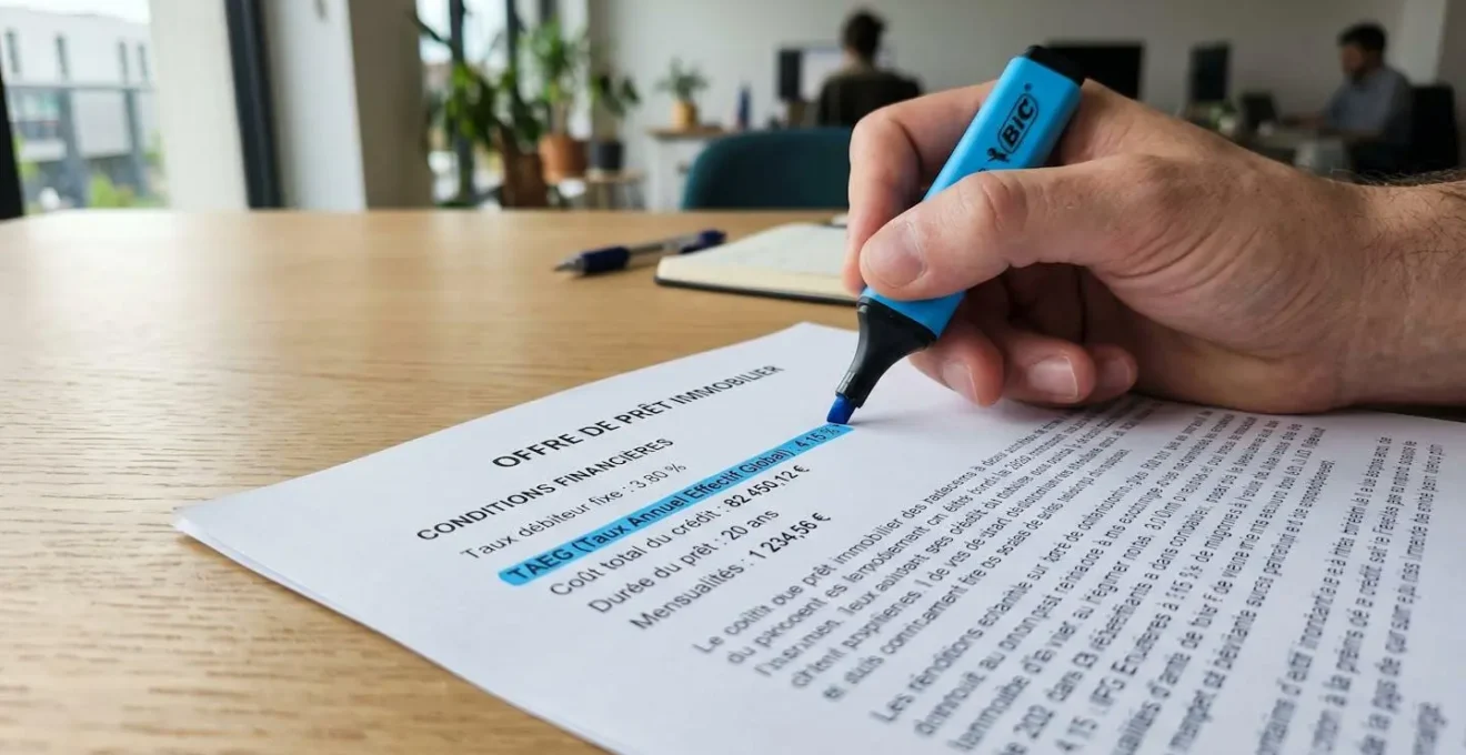 Gros plan sur une main tenant un stylo qui surligne la mention TAEG et des pourcentages sur un document imprimé, avec une faible profondeur de champ laissant entrevoir d'autres papiers flous en arrière-plan