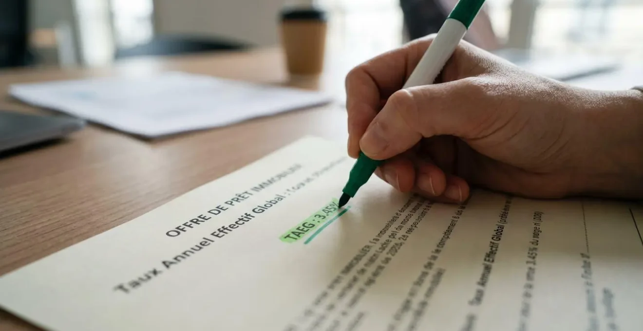 Gros plan sur une main tenant un stylo qui surligne la mention TAEG et des pourcentages sur un document imprimé, avec une faible profondeur de champ laissant entrevoir d'autres papiers flous en arrière-plan