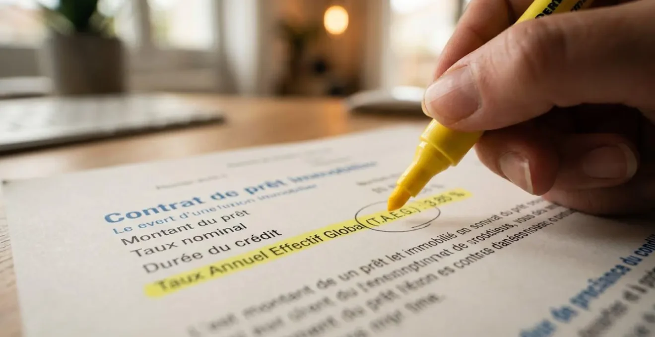 Gros plan sur une main tenant un stylo qui surligne la mention TAEG et des pourcentages sur un document imprimé, avec une faible profondeur de champ laissant entrevoir d'autres papiers flous en arrière-plan