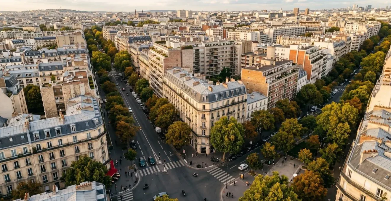 Vue en plongée d'un quartier résidentiel urbain avec immeubles haussmanniens et arbres, lumière dorée de fin de journée