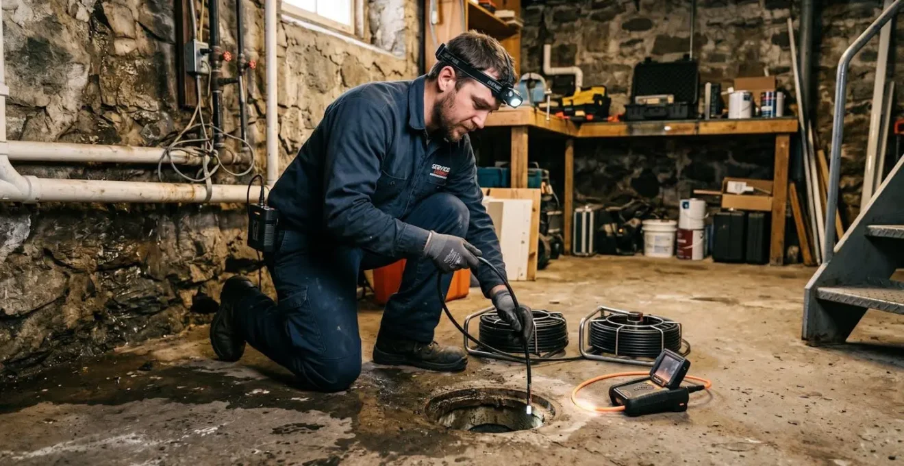 Technicien introduisant une caméra d'inspection dans un regard de drain français au sous-sol d'une maison