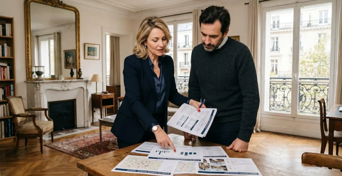 Conseiller immobilier professionnel expliquant une estimation de prix à un propriétaire dans un appartement lumineux