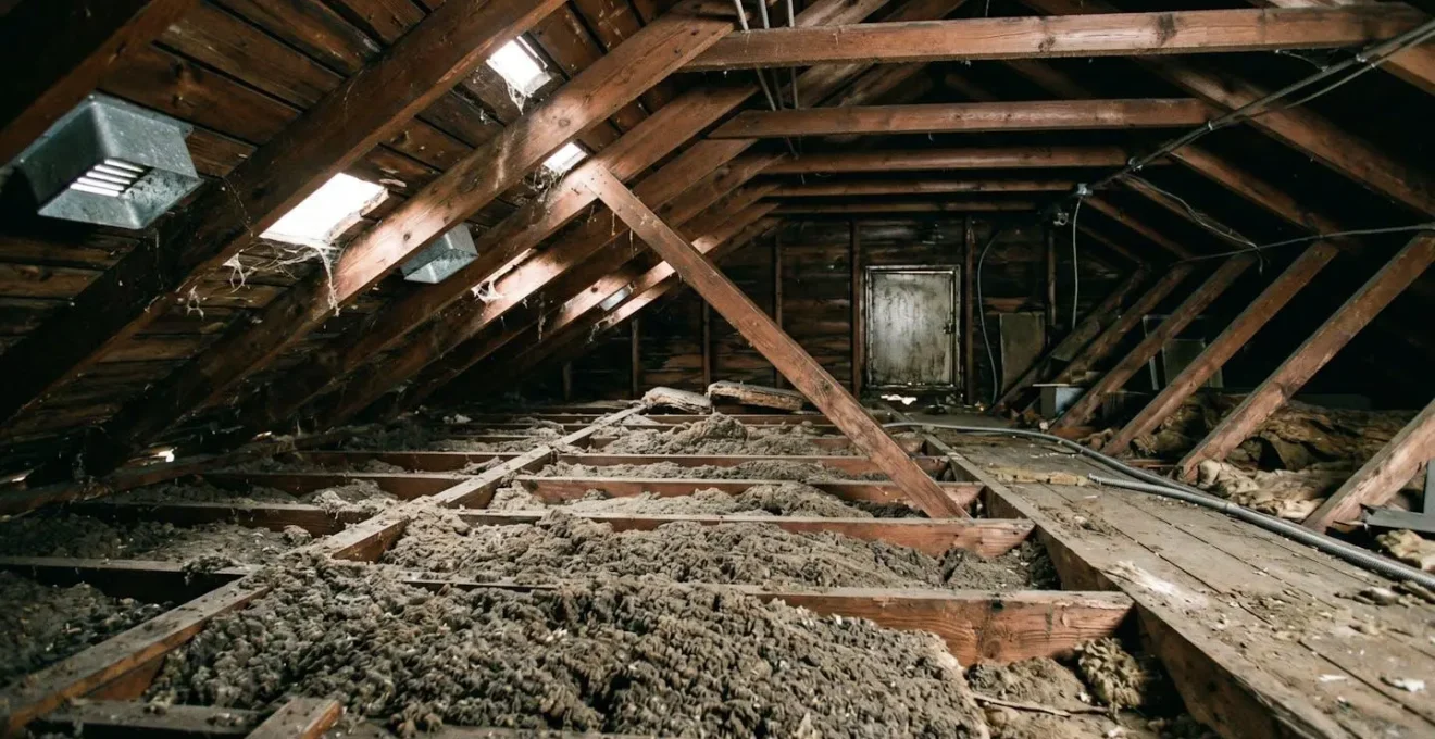 Vue intérieure d'un grenier de bungalow des années 1970 montrant une couche d'isolation granulaire ancienne entre les solives