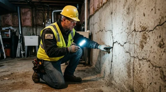 Inspecteur en bâtiment examinant une fondation en béton avec lampe de poche dans un sous-sol lavallois