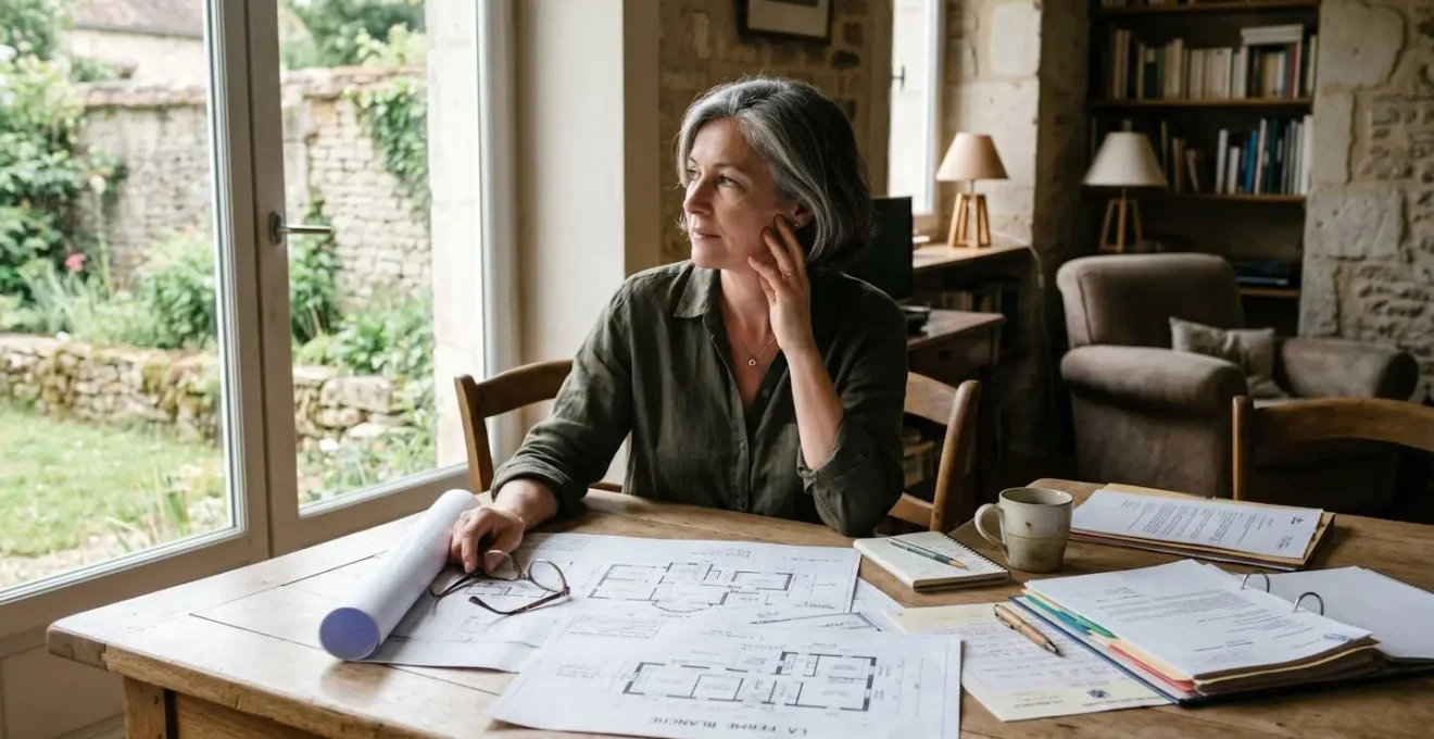 Propriétaire immobilier réfléchissant à son choix entre vente solo et agence, devant des documents étalés sur une table lumineuse