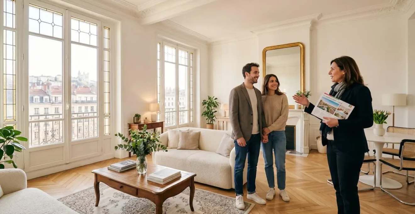 Couple d'acheteurs visitant un appartement bien préparé accompagné d'un agent immobilier professionnel