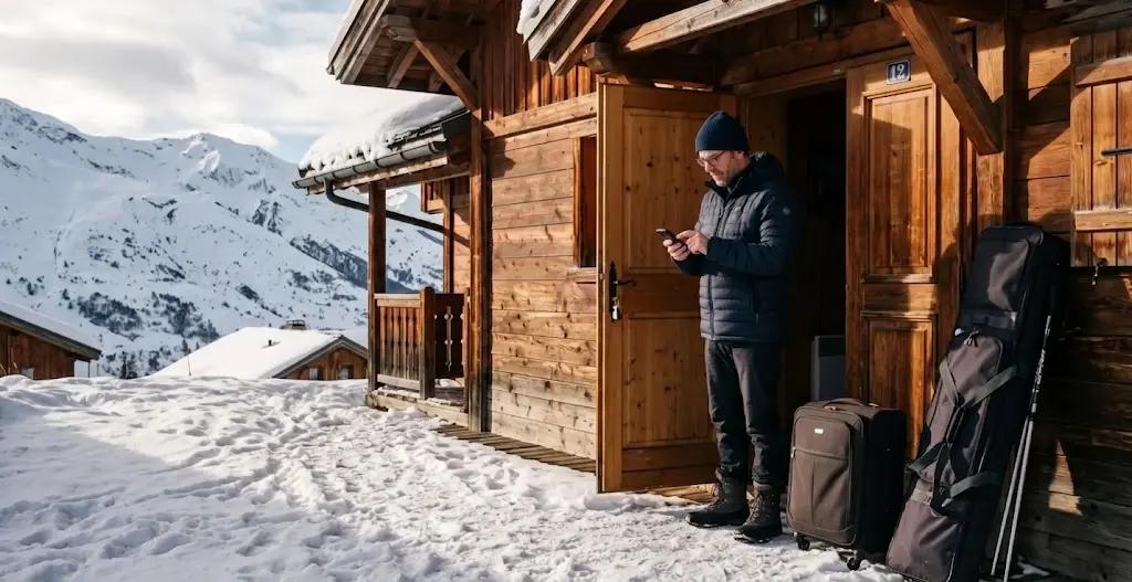 Un homme consulte son smartphone devant la porte entrouverte d'un chalet en bois enneigé à Saint-Sorlin-d'Arves, avec ses bagages à côté.