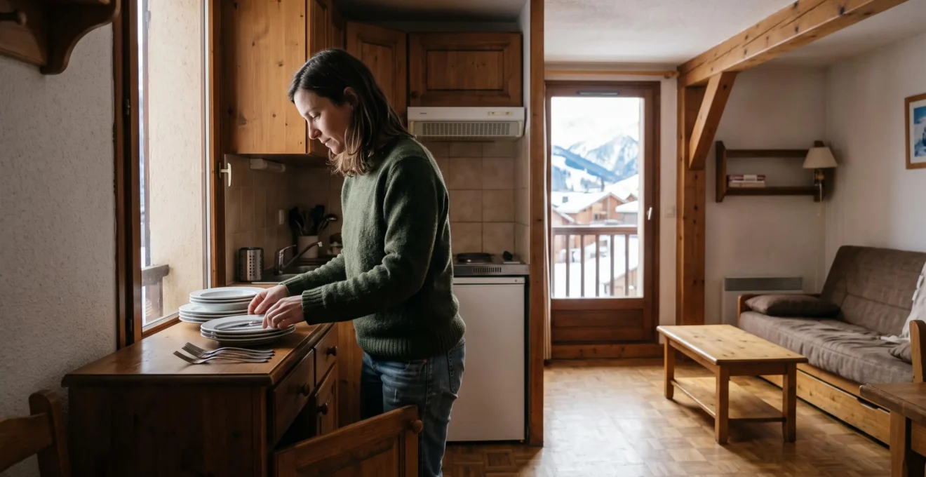 Une femme vérifie la vaisselle et les couverts dans la cuisine d'un appartement traditionnel de location à Saint-Sorlin-d'Arves.