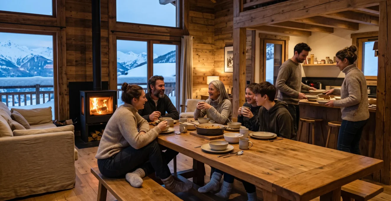 Un groupe de vacanciers partage la soirée autour d'une grande table en bois dans le séjour d'un chalet individuel avec poêle à bois à Saint-Sorlin-d'Arves.