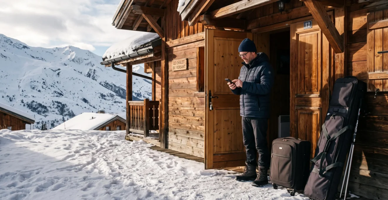 Un homme consulte son smartphone devant la porte entrouverte d'un chalet en bois enneigé à Saint-Sorlin-d'Arves, avec ses bagages à côté.