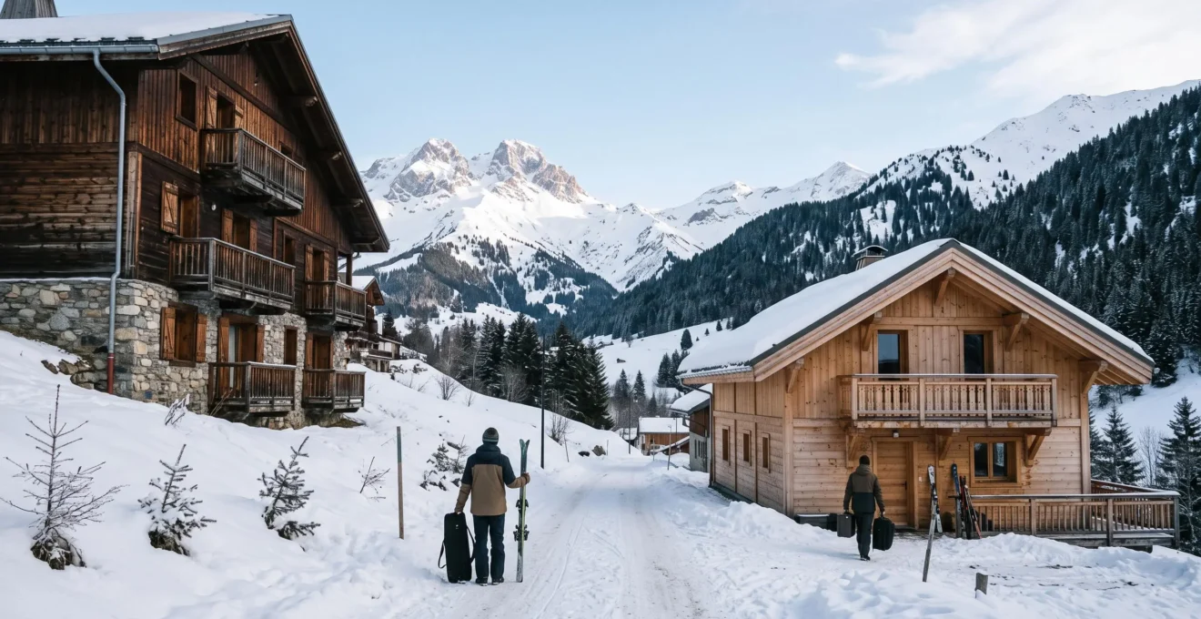 Deux groupes de vacanciers arrivent avec leurs bagages et skis devant un immeuble traditionnel savoyard et un chalet individuel en bois à Saint-Sorlin-d'Arves.