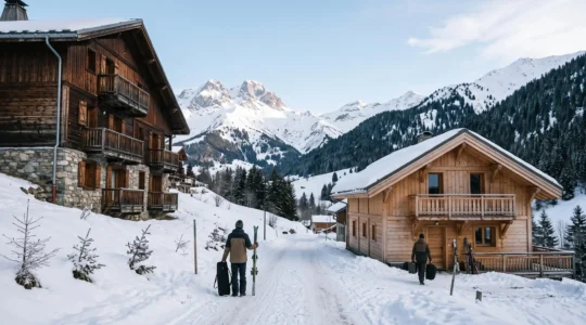 Deux groupes de vacanciers arrivent avec leurs bagages et skis devant un immeuble traditionnel savoyard et un chalet individuel en bois à Saint-Sorlin-d'Arves.