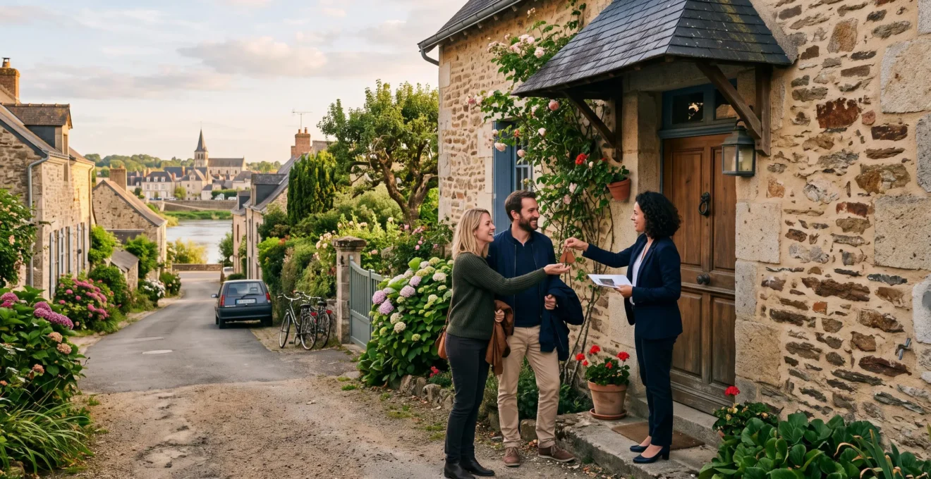 Un couple reçoit les clés d'une maison en pierre devant un agent immobilier à Vertou.