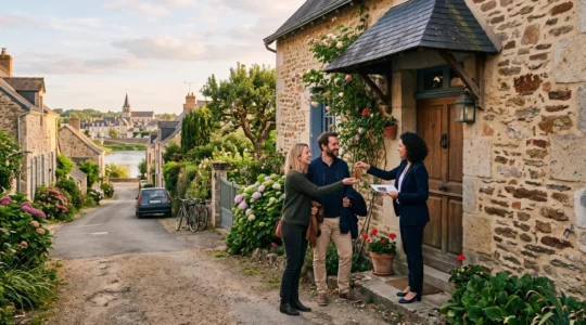 Un couple reçoit les clés d'une maison en pierre devant un agent immobilier à Vertou.