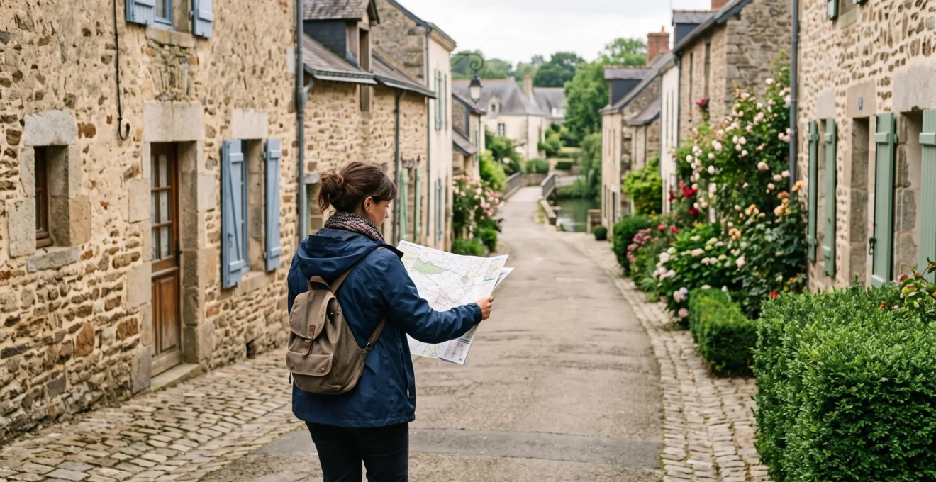 Une femme observe une carte en marchant dans une rue résidentielle bordée de maisons.